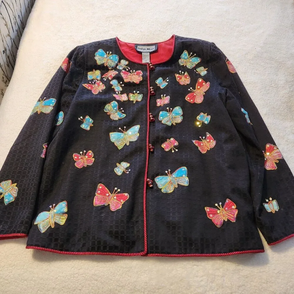 Indigo Moon Appliqué Embroidered Sequin Colorful Butterfly Black Jacket Womens M
